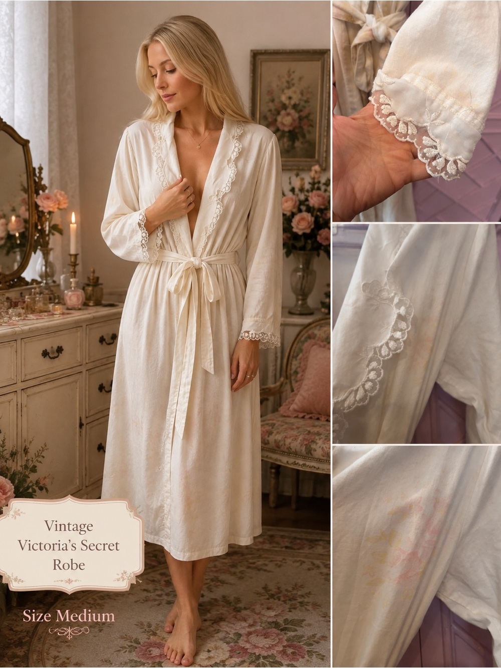 Victoria's Secret Gold Label Cream Lace-Trim Long Robe 80’s 90’s